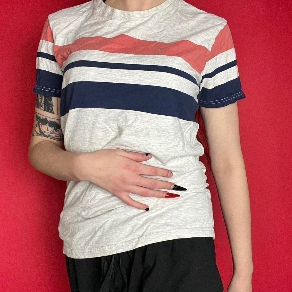 White tee with stripes ❤️🤍​​​​​​​​​​​​​​​​​​​​​​​​